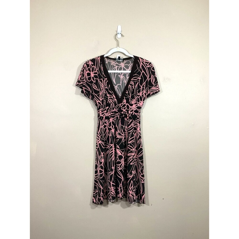 VTG Rampage Womens Ruched Floral V-Neck Mini Dress S Brown Pink 90s Y2K Party